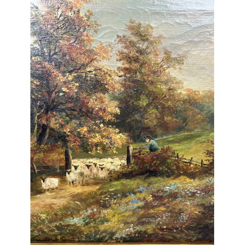 315 - AN OIL ON CANVAS PAINTING DEPICTING A FARMER WITH SHEEP IN THE FIELD, 

45cm x 28cm 

Mounted in a g... 