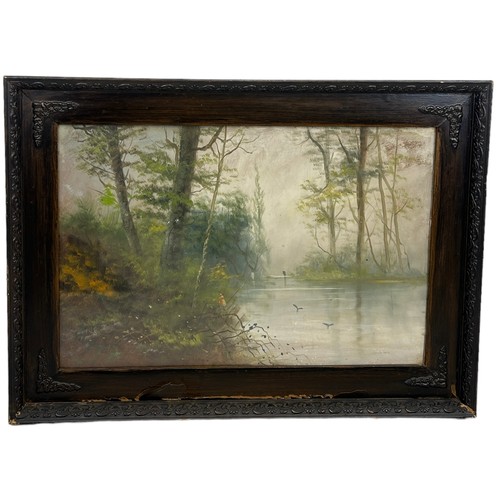 290 - AN OIL ON PAPER OR BOARD PAINTING DEPICTING A FIGURE FISHING IN THE FOREST, 

75cm x 49cm 

Mounted ... 