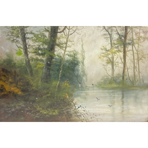 290 - AN OIL ON PAPER OR BOARD PAINTING DEPICTING A FIGURE FISHING IN THE FOREST, 

75cm x 49cm 

Mounted ... 