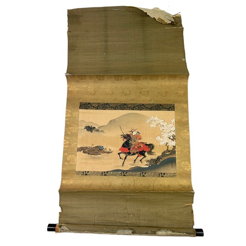 45 - A 19TH CENTURY JAPANESE PAINTING ON SCROLL DEPICTING A HORSE AND RIDER WITH BLOSSOM TREES, 

36cm x ... 