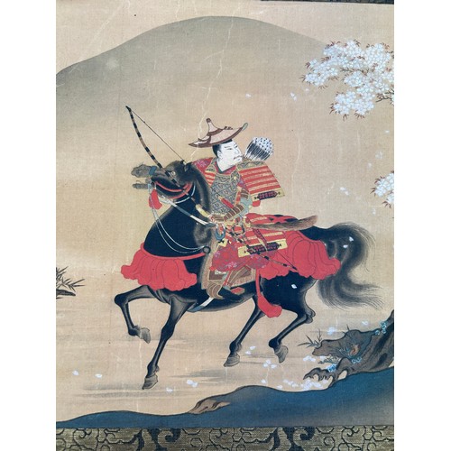 45 - A 19TH CENTURY JAPANESE PAINTING ON SCROLL DEPICTING A HORSE AND RIDER WITH BLOSSOM TREES, 

36cm x ... 