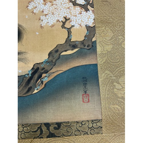 45 - A 19TH CENTURY JAPANESE PAINTING ON SCROLL DEPICTING A HORSE AND RIDER WITH BLOSSOM TREES, 

36cm x ... 