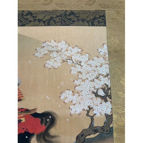 45 - A 19TH CENTURY JAPANESE PAINTING ON SCROLL DEPICTING A HORSE AND RIDER WITH BLOSSOM TREES, 

36cm x ... 