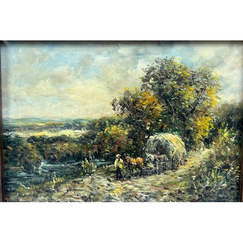 303 - AN OIL ON PANEL PAINTING DEPICTING A FIGURE LEADING TWO HORSES AND A CART FILLED WITH HAY,

16.5cm x... 