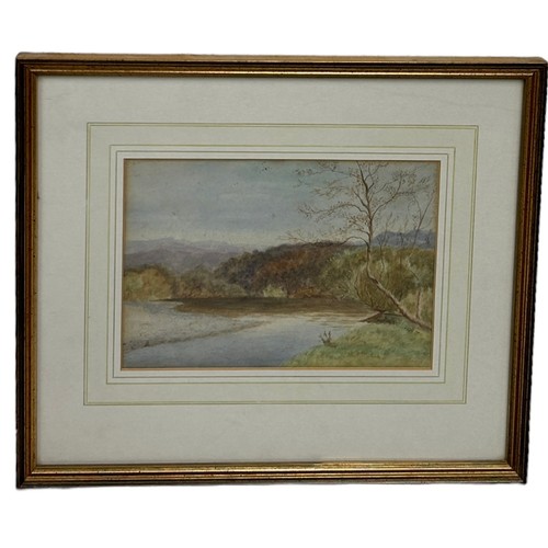 322 - A WATERCOLOUR PAINTING ON PAPER DEPICTING A LANDSCAPE SCENE WITH A MEANDERING RIVER, 

24cm x 16cm 
... 