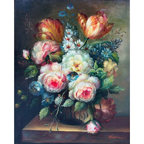 288 - A PAIR OF OIL ON BOARD STILL LIFE PAINTINGS SIGNED 'SHERMAN' 

24.5cm x 19cm each. 

Mounted in gilt... 