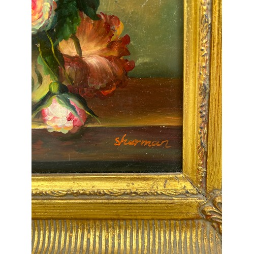 288 - A PAIR OF OIL ON BOARD STILL LIFE PAINTINGS SIGNED 'SHERMAN' 

24.5cm x 19cm each. 

Mounted in gilt... 