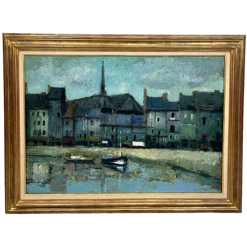 283 - JACQUES VOYET (FRENCH 1926-2010): AN OIL ON CANVAS PAINTING DEPICTING 'A QUAY IN LES SABLES D'OLONNE... 