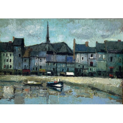 283 - JACQUES VOYET (FRENCH 1926-2010): AN OIL ON CANVAS PAINTING DEPICTING 'A QUAY IN LES SABLES D'OLONNE... 