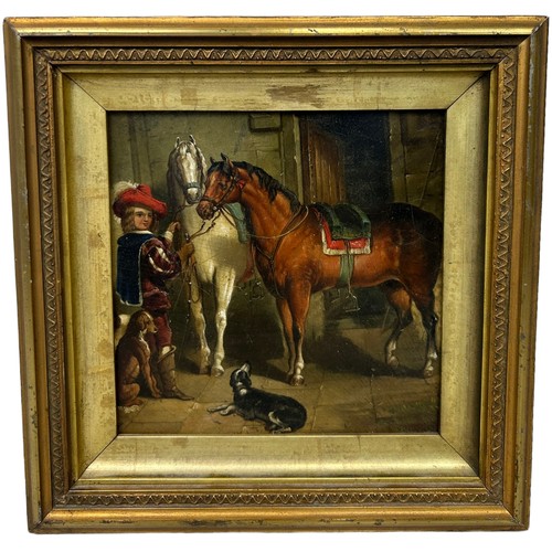 285 - FOLLOWER OF JEAN LOUIS ERNST MEISONNIER (FRENCH 1815-1891): AN OIL ON CANVAS DEPICTING A STABLE INTE... 