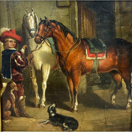 285 - FOLLOWER OF JEAN LOUIS ERNST MEISONNIER (FRENCH 1815-1891): AN OIL ON CANVAS DEPICTING A STABLE INTE... 