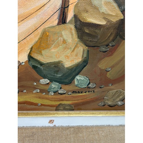 302 - MAX SAVY (FRENCH 1918-2010): AN OIL ON CANVAS PAINTING TITLED 'LA CARRIERE' DEPICTING A QUARRY LANDS... 