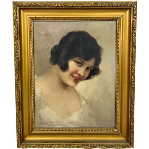 292 - AN OIL ON CANVAS PAINTING DEPICTING A SMILING LADY WITH BROWN HAIR,

38cm x 29cm 

Mounted in a fram... 