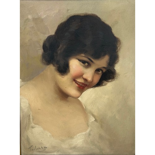 292 - AN OIL ON CANVAS PAINTING DEPICTING A SMILING LADY WITH BROWN HAIR,

38cm x 29cm 

Mounted in a fram... 