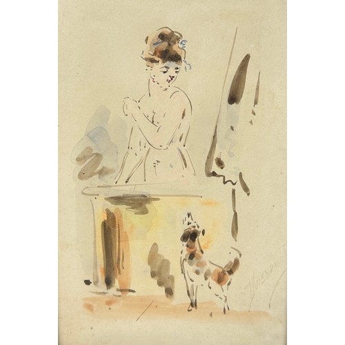 363 - A PAIR OF WATERCOLOUR PAINTINGS ON PAPER DEPICTING NUDE FIGURES ALONG WITH AN ETCHING OF A NUDE BESI... 