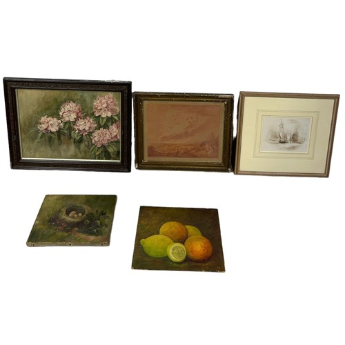 330 - TWO STILL LIFE OIL PAINTINGS ALONG WITH A WATERCOLOUR, A PEN AND WASH DRAWING AND A PRINT (5), 

Lar... 