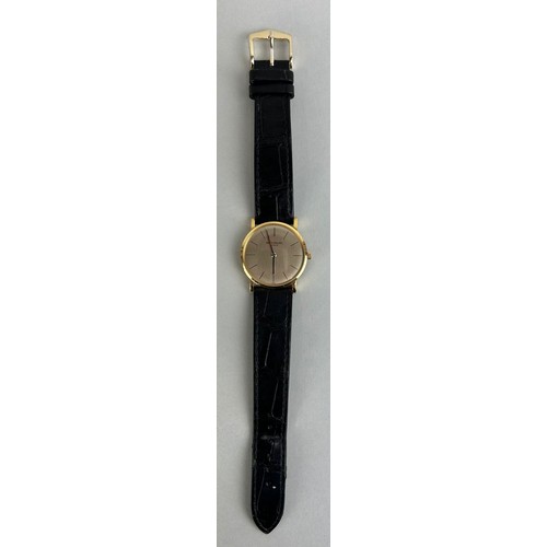 156 - AN 18CT GOLD GENTLEMAN'S PATEK PHILIPPE WRISTWATCH WITH BLACK PATEK STRAP, 

With case. 

Dial 29mm ... 