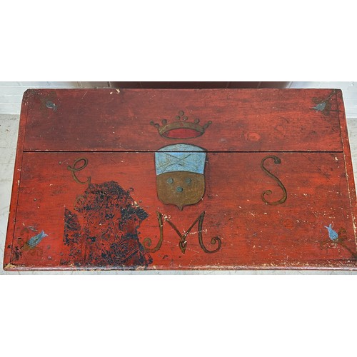 19 - A FOLK ART RED PAINTED PINE TRUNK BELONGING TO THE FAMED MUNTHE FAMILY, FROM SOUTHSIDE HOUSE, WIMBLE... 