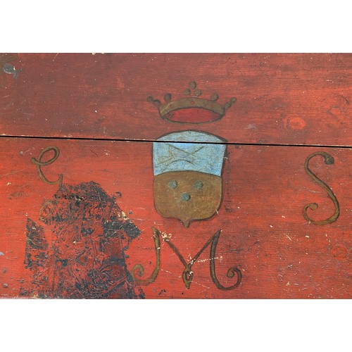 19 - A FOLK ART RED PAINTED PINE TRUNK BELONGING TO THE FAMED MUNTHE FAMILY, FROM SOUTHSIDE HOUSE, WIMBLE... 