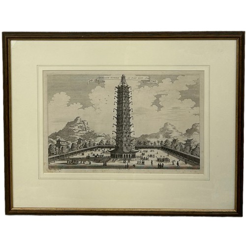 387 - AN 18TH CENTURY ENGRAVING OF THE PORCELAIN TOWER OF NANKIN, 

30cm x 20cm 

Mounted in a frame and g... 