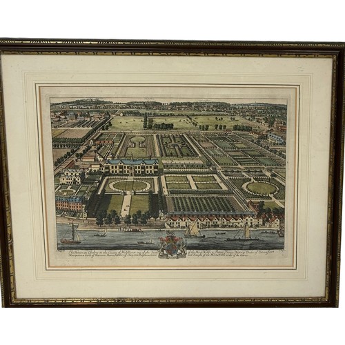 388 - AN 18TH CENTURY HAND COLOURED ENGRAVING DEPICTING THE HOUSE AT CHELSEA IN THE COUNTY OF MIDDLESEX OF... 