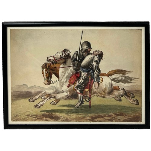 340 - A WATERCOLOUR PAINTING AND PENCIL DRAWING OF A HEROIC SCENE OF SOLDIERS ON HORSEBACK ESCAPING A BATT... 