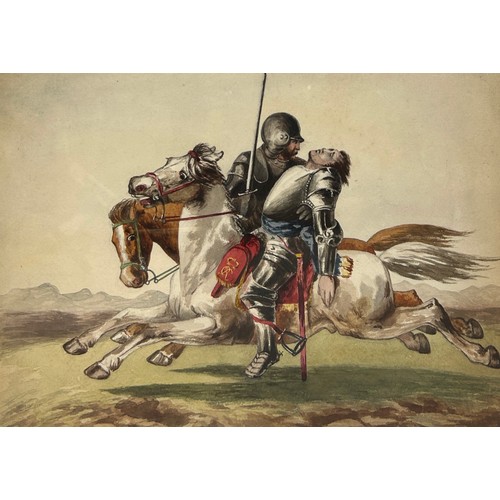 340 - A WATERCOLOUR PAINTING AND PENCIL DRAWING OF A HEROIC SCENE OF SOLDIERS ON HORSEBACK ESCAPING A BATT... 