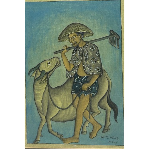 312 - A SOUTH-EAST ASIAN WATERCOLOUR PAINTING ON PAPER BY W.J PUNDUH, INSCRIBED 'BALI' OF A MAN AND HIS CO... 