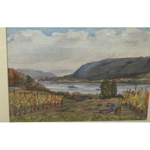 348 - ISOBEL VIOLET BANKS: AN EARLY 20TH CENTURY WATERCOLOUR PAINTING ON PAPER DEPICTING VINEYARDS ON THE ... 