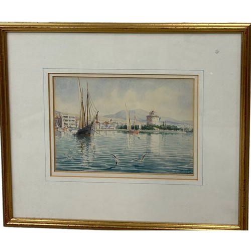 343 - A WATERCOLOUR PAINTING ON PAPER DEPICTING A DRAWING OF THE PORT OF SALONICA OR THESSALONIKI THE NORT... 