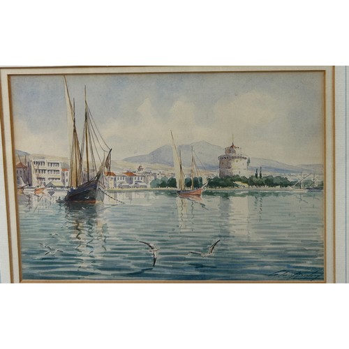 343 - A WATERCOLOUR PAINTING ON PAPER DEPICTING A DRAWING OF THE PORT OF SALONICA OR THESSALONIKI THE NORT... 