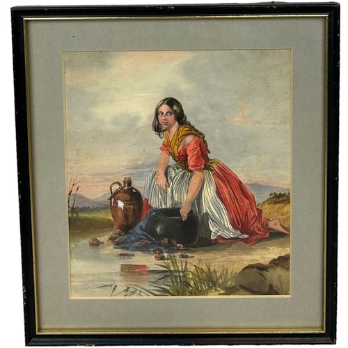 362 - A 19TH CENTURY WATERCOLOUR PAINTING AND DRAWING ON PAPER DEPICTING A LADY BESIDES A STREAM, 

25cm x... 