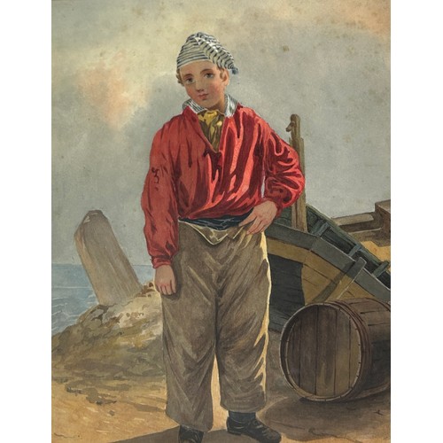 351 - A 19TH CENTURY DRAWING OF A YOUNG SAILOR BOY BESIDES THE SHORE, 

29cm x 22cm 

Mounted in a frame a... 