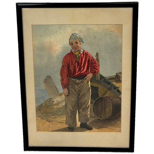 351 - A 19TH CENTURY DRAWING OF A YOUNG SAILOR BOY BESIDES THE SHORE, 

29cm x 22cm 

Mounted in a frame a... 