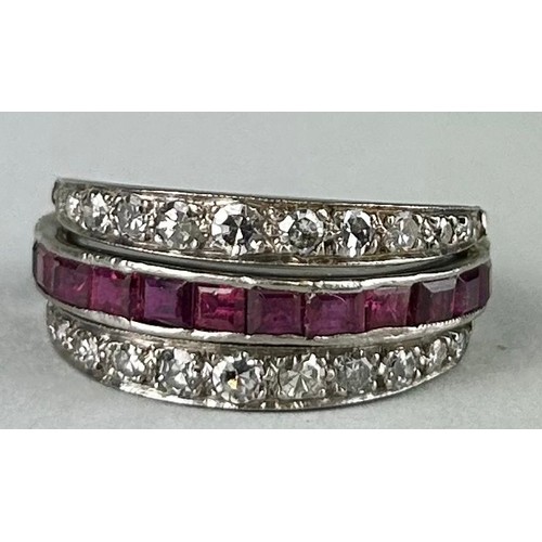 174 - A FRENCH PLATINUM RING SET WITH RUBIES, DIAMONDS AND SAPPHIRES, 

Weight: 4.3gms