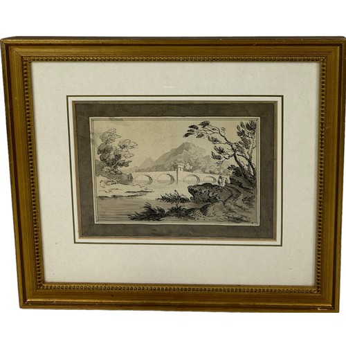 351B - AN 18TH CENTURY BRITISH INK AND SEPIA DRAWING OF A LANDSCAPE WITH FIGURES BY A BRIDGE, 

26cm x 19cm... 