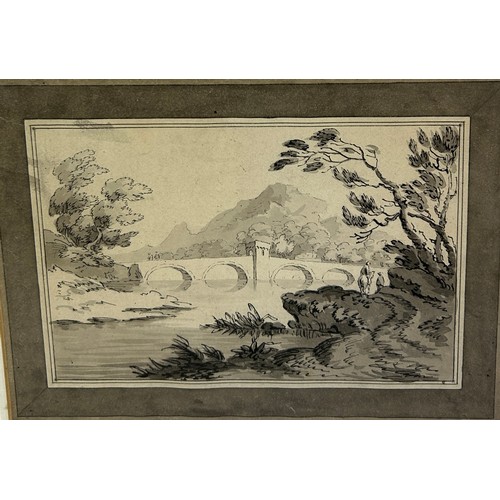 351B - AN 18TH CENTURY BRITISH INK AND SEPIA DRAWING OF A LANDSCAPE WITH FIGURES BY A BRIDGE, 

26cm x 19cm... 