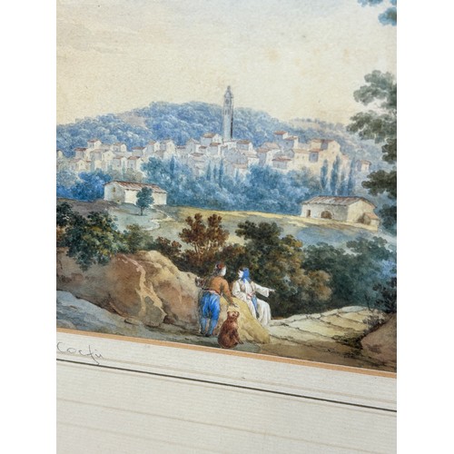 350 - JOSEPH SHRANZ (MALTESE 1803-1866): A VIEW OF A VILLAGE IN CORFU, GREECE WITH FIGURES AND DOG OVERLOO... 