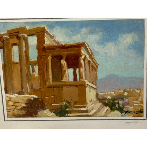 273 - A FINE OIL PAINTING ON CANVAS BOARD DEPICTING A VIEW OF CARYATIDS MONUMENT ON THE ACROPOLIS, ATHENS,... 