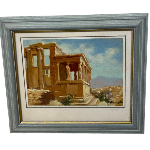 273 - A FINE OIL PAINTING ON CANVAS BOARD DEPICTING A VIEW OF CARYATIDS MONUMENT ON THE ACROPOLIS, ATHENS,... 