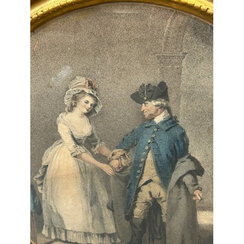 412 - A 19TH CENTURY COLOURED MEZZOTINT DEPICTING A GENTLEMAN AND LADY, 

30cm D

Mounted in a circular gi... 