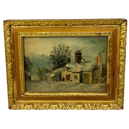 286 - AN OIL ON BOARD PAINTING DEPICTING A WINTRY DOMESTIC SCENE WITH FIGURES, 

24cm x 17cm