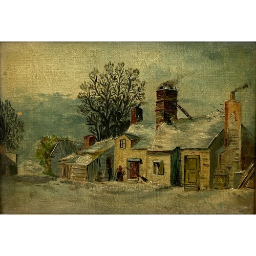 286 - AN OIL ON BOARD PAINTING DEPICTING A WINTRY DOMESTIC SCENE WITH FIGURES, 

24cm x 17cm