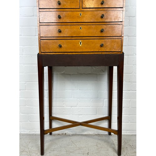 10 - A 19TH CENTURY SATINWOOD DRAWERS ON STAND, 

Two short over three long drawers raised on stand joine... 