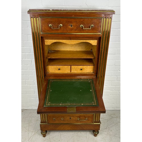 11 - A LATE 19TH CENTURY FRENCH SECRETAIRE-ABATTANT WITH MARBLE TOP, 

Fall front with green tooled leath... 