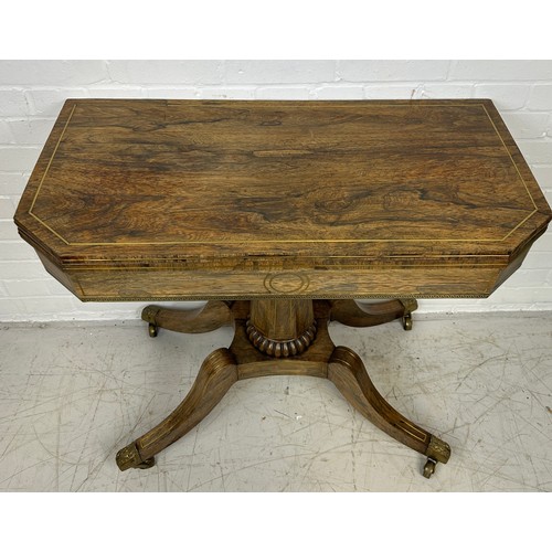 7 - A REGENCY PERIOD ROSEWOOD CARD TABLE WITH BRASS INLAY AND BAIZE INTERIOR, 

73cm x 86cm x 42cm