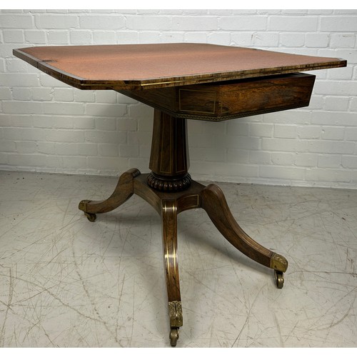 7 - A REGENCY PERIOD ROSEWOOD CARD TABLE WITH BRASS INLAY AND BAIZE INTERIOR, 

73cm x 86cm x 42cm