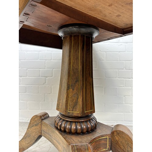 7 - A REGENCY PERIOD ROSEWOOD CARD TABLE WITH BRASS INLAY AND BAIZE INTERIOR, 

73cm x 86cm x 42cm