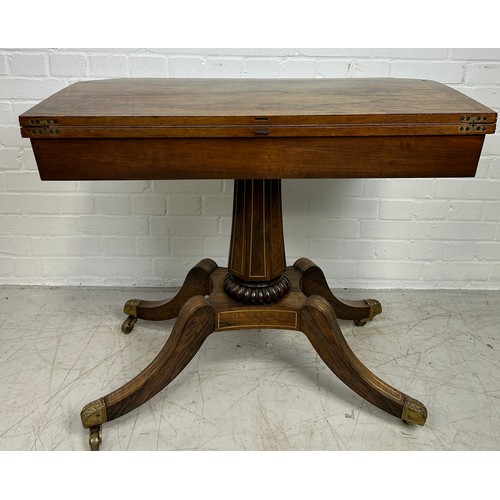 7 - A REGENCY PERIOD ROSEWOOD CARD TABLE WITH BRASS INLAY AND BAIZE INTERIOR, 

73cm x 86cm x 42cm