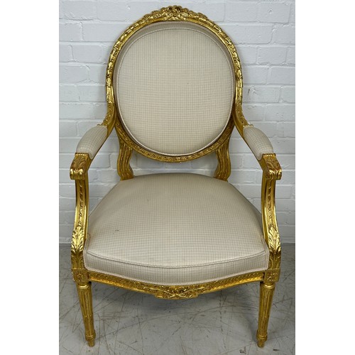 449 - A GEORGE III STYLE GILT WOOD SINGLE ARMCHAIR, 

With neutral chequered fabric upholstered back, seat... 